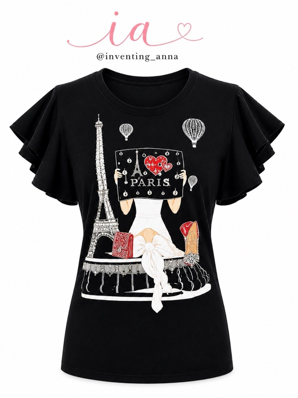 Women’s black short flutter sleeved tee w/sequined bling bling design